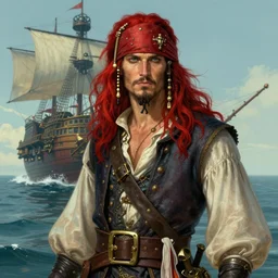 portrait of a male pirate with flowing red hair!!!!!!, airship in the background!!!!!!, lean body!!, Steampunk!!!!!!!, D&D, fantasy, simple clothing!!!!, elegant, highly detailed, digital painting, artstation, concept art, sharp focus, illustration, art by Artgerm and Greg Rutkowski and Alphonse Mucha