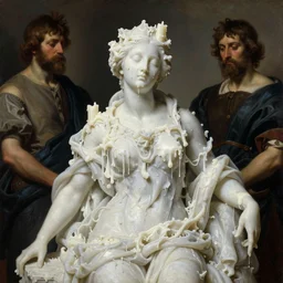 Beautiful sculpture of queen with closed eyes covered with melted white candle wax by Ilya Repin, William Blake, Michelangelo da Caravaggio, Rafaelle Monti and Beksinski, dramatic volumetric lighting, full body portrait, highly detailed oil painting, 4k, masterpiece