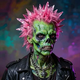 ultra realistic portrait of a punk rock zombie with green skin and pink crystalline hair, multicolored background, vivid colors, dramatic lighting, intricately detailed, baroque