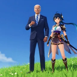 photorealistic Joe Biden and a beautiful anime swordfighter girl on a grassy hill with a deep blue sky in Genshin Impact, pixiv, game art, digital art, anime screenshot, kyoto animation, makoto shinkai, trending on artstation