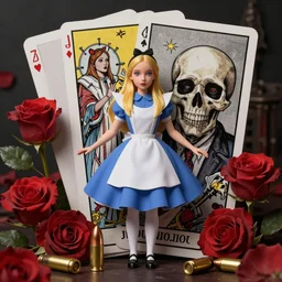 Alice in Wonderland,roses,bullets,death tarot card,highly detailed,half skull face,cinematic,8k,by Stanley Artgermm,Tom Bagshaw,Greg Rutkowski,Carne Griffiths, Ayami Kojima, Beksinski, Giger,trending on DeviantArt,hyper detailed,horror, full of colour