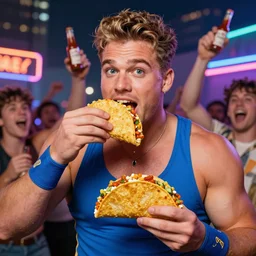 sumo wrestler eating crunchy classic taco, holding hot sauce, portrait, noah kagan cheering him on, photo realism, bokeh background, neon lights, city background, high definition, slr