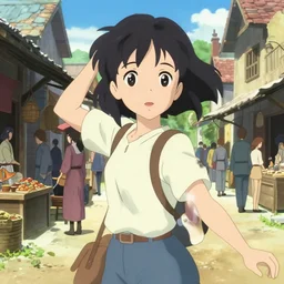 anime visual, portrait of a young female traveler in a busy medieval village exterior shopping, cute face by ilya kuvshinov, yoh yoshinari, makoto shinkai, dynamic pose, dynamic perspective, cel shaded!!!, flat mucha, rounded eyes, crisp smooth clean lines, cinematic, strong silhouette
