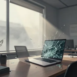 editorial illustration by karolis strautniekas and mads berg, office interior, near a window, shards of broken glass sitting on a laptop, fog, fine texture, detailed, muted colors, dramatic lighting, dynamic composition, vivid, matte print, wide angle, ( ( sunbeams ) ), moody