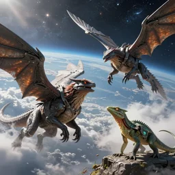 the outer space war in heaven between the raptors and the reptilians, beautiful detailed sci - fi fantasy art by james gurney craig mullins syd mead anton fadeev greg rutkowski james berkey artstation cgsociety