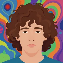 a colorful vibrant closeup portrait of a simple man with curly mid length brown hair with eyes looking downward with dreaming psychedelic hallucinations, by kawase hasui, moebius, edward hopper and james gilleard, zdzislaw beksinski, steven outram colorful flat surreal design, hd, 8 k, artstation