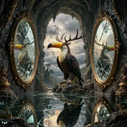 shattered glass texture, toucan eagle creature with deer antlers, cave, lake, reflections, massive oval mirrors, cinematic, filmic, ray tracing reflections, detailed and intricate, hypermaximalist, elegant, ornate, realistic, golden hour, stormy weather, ominous, dark wet walls of a dungeon, portal