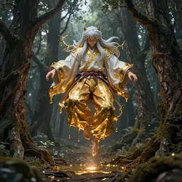 surreal shinigami floating in the middle of a ancient wood, liquid gold melting from him, insanely detailed, trending on artstation, ultra super good realistic 3D render by Gerald Brom and James Jean