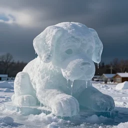 A melting ice sculpture of a sad puppy, photography