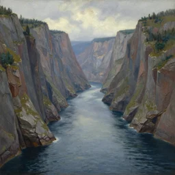 fjord, a long, narrow, deep tropical inlet of the pacific sea between high cliffs, extremely detailed oil painting, sargent and leyendecker, savrasov levitan polenov, bruce pennington, tim hildebrandt, digital art, landscape painting, trending on artstation, masterpiece