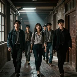 In the corridor of an old wooden loft, six people are walking forward, the fourth woman holds an antenna in her hand and looks back to the ground, a beam of light shines on the woman through the overhead window, the man in front of her looks on she.
