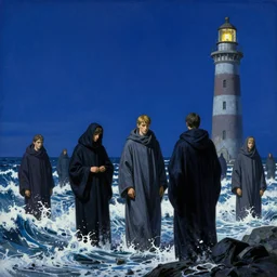 worshippers in robes belonging to the cult of the lighthouse standing in waves, a lighthouse, high detailed Beksinski painting, part by Adrian Ghenie and Gerhard Richter and Ian Miller. art by Takato Yamamoto. masterpiece, deep colours, blue