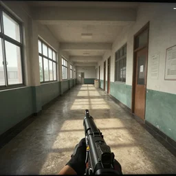 screen shot of COD, hallway in the school, Gun at bottom of screen