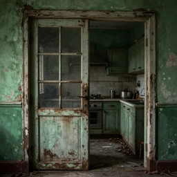! on the other side of a old screen door is a dilapidated kitchen, dimly lit, distressed venetian green plaster walls, liminal space, haunting atmosphere, gothic, photorealistic, hyperdetailed 3 d matte painting, hyperrealism, hyperrealistic, cinematic, silent hill, horror style, unrealengine, octane render