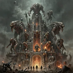 airbrush of 1 1 character, tiered flayed god machines, cluster tiered heirarchy, battle chaos, mainframe hydrocracking battles, medical, dystopian, by wayne d barlowe, h r giger, simon bisley & boris vallejo, enric torres, hyper realism, narrative light, muted colors, epic, hyper detailed, awe inspiring, award winning horror, torch lighting