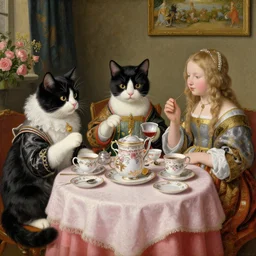 calico cat trio enjoying a fancy english tea party, painted by jan van eyck