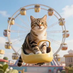 !!! cat!!!, ( ferris wheel ), feline, sitting, riding, award winning photo, realistic, artstation,