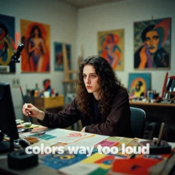 dramatic scene shallow depth of field medium shot uncanny surreal photograph of a colorful intimate art studio in 1 9 9 5 titled'colors way too loud ', photographed by william eggleston and ken price and man ray, grainy shocking detail trending on artstation 8 k