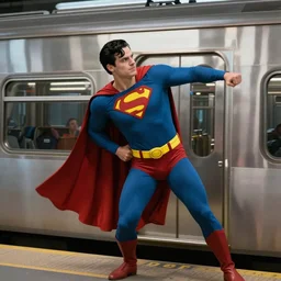 superhero stopping a train with their body, film still