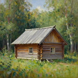 realist painting of a log cabin in the forest, beautiful painting, oil on canvas, by Ewa Czarniecka, award winning masterpiece,