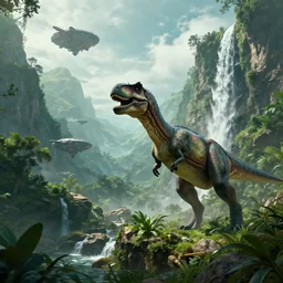 alien spaceships, dinosaur, trex, mountains, greenery, waterfall, artstation, an epic fantasy, cinematic lighting, hyper realistic, photographic, unreal engine 5, atmospheric lighting, artstation