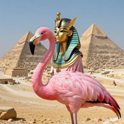 a pink flamingo, wearing an egyptian crown, atef, futuristic, highly intricate, egyptian clothing, ancient pyramids background, award winning art, trending on artstation