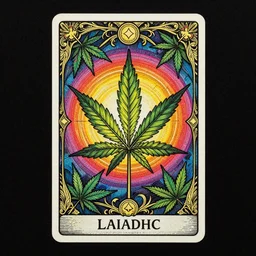 uplifting cannabis symbolism illustration, joyful atmosphere, detailed linework, vibrant colors, cinematic, light psychedelic, black paper, ornate, symmetrical, high value tarot card, very detailed, delicate ink illustration, golden ratio, 8k, style of James Gilleard