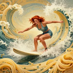 beautiful ginger surfer is surfing on a surfboard in a sea of pasta, art nouveau, fantasy, intricate pasta waves, elegant, highly detailed, sharp focus, action art by artgerm and greg rutkowski and wlop