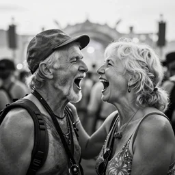 poignant portrait black and white photo of an old couple at a edm festival, screaming at each other, nostalgia, love