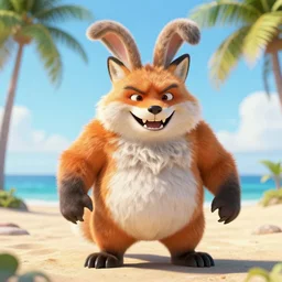 a photorealistic adorable fierce furry monster with long fur long floppy rabbit ears chubby body and fox body and wolf legs with thick stubby claws, fox colored fur, grinning at the camera showing sharp teeth, with a mischievous grin, happy lighting, at a tropical beach