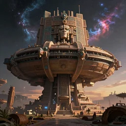 Retro futuristic Sci-Fi space scene, Giant Aztec spaceship, nebulas swirls, dusk lighting, intricate details ,by denis villeneuve, Ridley Scott, Greg Rutkowski and Alphonse Mucha