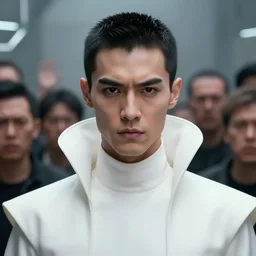 portrait of a regal prince with sharp cheekbones, white clothes, olive skin, high collar, future fashion, close up, super detailed, surrounded by an angry crowd, modern digital art, matte painting, science fiction