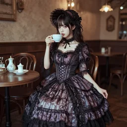 full body portrait photo of reol wearing a elegant gothic dress, open top, wearing a chocker and cute hat, drinking tea in a victorian cafe interior, moody, realistic, intricate and detailed, dark, skin tinted a warm tone, light blue filter, hdr, lomography