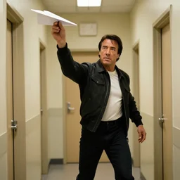 a high-quality, detailed, photo of chuck norris throwing a paper-airplane down a hallway of doors.