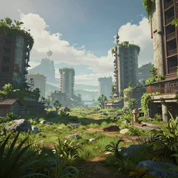 “overgrown solarpunk abandoned city landscape, unreal engine 5, raytracing, 8k”