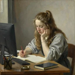 a beautiful painting of the lofi girl studying at her desk by Antoon Van Dyck, trending on Artstation
