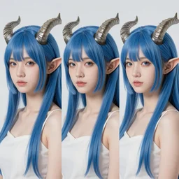 triptych of youthful female feminine horned tiefling female bard with long bob cut blue hairstyle, her skin is orange and pale, and her eyes are pure black orbs, and she is wearing colorful leather armor by rossdraws,