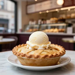 photo of apple pie with a scoop of ice cream on a table in a dessert shop in new york city, photorealistic, ultra realistic, maximum detail, foreground focus, 8k, volumetric light, cinematic, octane render, food photography, recipes.com, epicurious, instagram