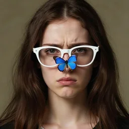 a disgusted brunette woman with white glasses and a blue butterfly on her nose, a screenshot by ke jiusi, trending on cg society, aestheticism, art, booru, renaissance painting