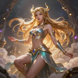 a beautiful female goddess of magic the gathering character, character is in all its glory, character is in her natural relaxed pose, rim lights, particles and dust in the air, fancy clouds, highly detailed professional photo, dynamic lights, particles are flying, depth of field, trending on artstation, illustration, hyper realistic, vray caustics, super detailed, colorful accents, cinematic shot