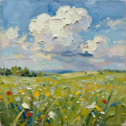 oil paint impasto reliefs summer fields, super realistic, painted with thick expressive paint and cumulus clouds, some splattered paint