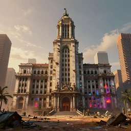 a beautiful very detailed rendering of city hall industrial architecture architecture abandoned city building urbex nature by martin johnson heade, liberty city architecture island atlantis steampunk at dawn desert bladerunner 2 0 4 9 morning sun neon noir thermal vision, archdaily, wallpaper, highly detailed, trending on artstation.