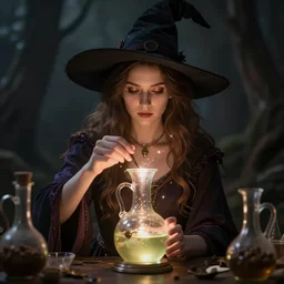 photo of a witch, young woman, enchantment, preparing potion