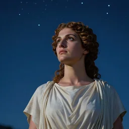 photorealistic portrait photograph of hypatia of alexandria, beautiful ancient greek curly - haired woman, looking in awe at the night sky full of stars - w 7 6 8