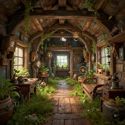 steampunk wooden shack interior, overgrown, colorful, contrast, depth of field, 3 d scene, render, greg rutkowski, zabrocki, karlkka, jayison devadas, trending on artstation, 8 k, ultra wide angle, zenith view, pincushion lens effect