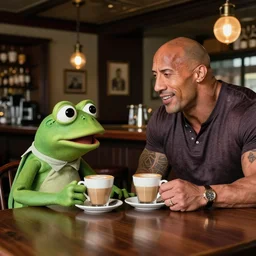 dwayne johnson and pepe the frog having a capuccino in a bar, photography, interior, award winning, 8 k