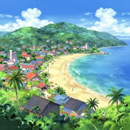 Fantasy tropical port town view of the beach. hidari, color page, tankoban, 4K, tone mapping, Akihiko Yoshida.