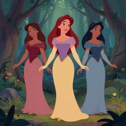 full body shot of the three fates, forest clearing, cel shaded vector art, toon shading, behance, hd, by ilias kyriazis, disney princess, disney animation still