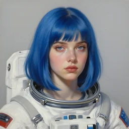 a portrait of a very beautiful woman in a spacesuit, Alexandria\'s genesis, shoulder-length blue undercut hair, bored, illustration, soft lighting, soft details, painting oil on canvas by mark arian by artgerm, trending on artstation, 4k, 8k, HD