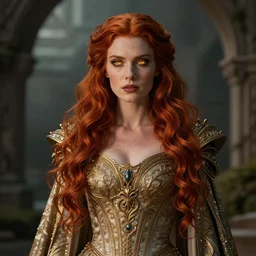 beautiful female sorceress, ornately dressed, royalty, dungeons and Dragons, red hair, glowing eyes, realistic